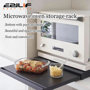Kitchen microwave storage rack, bottom pull-out tool, drawer style basket, oven bracket, sliding partition, pot and bowl rack
